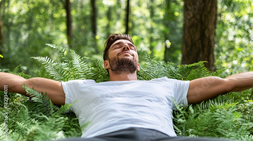 Fototapeta Naklejka Na Ścianę i Meble -  Man relaxing in forest meadow with arms outstretched, peaceful and content