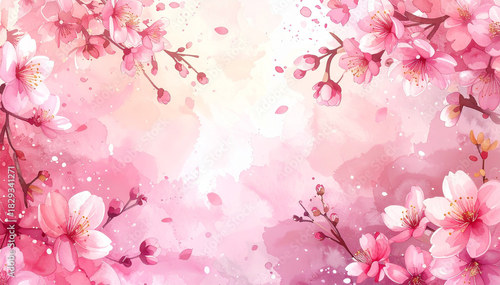 Obraz premium 桜の花びらが舞う日本の春のイラスト 水彩画風