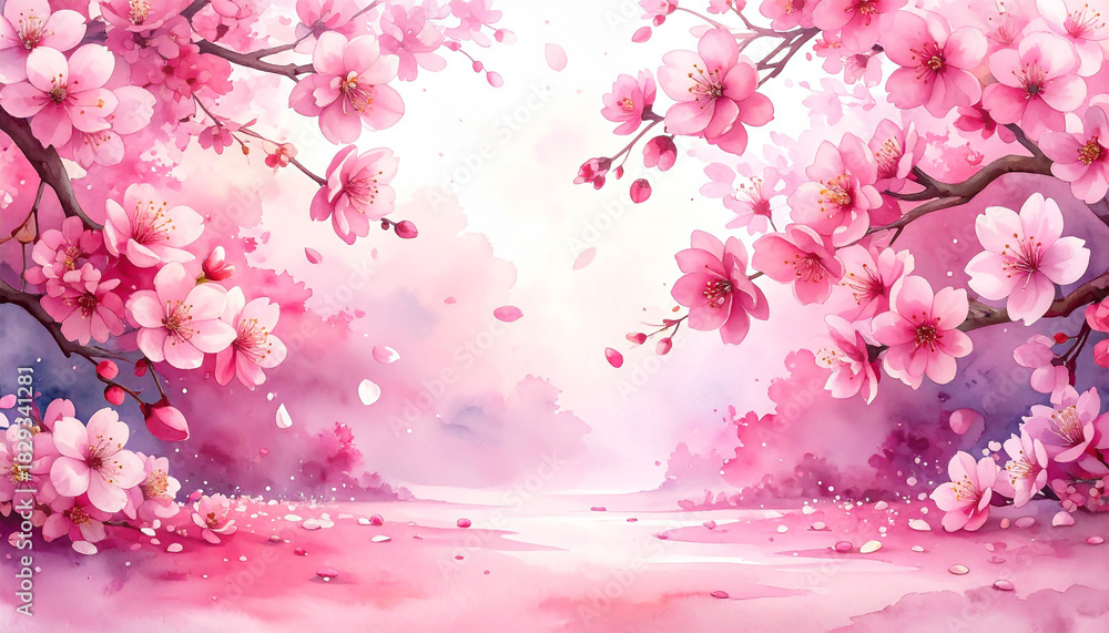 Fototapeta premium 桜の花びらが舞う日本の春のイラスト 水彩画風