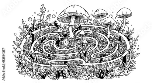 Intricate maze surrounded by lush mushrooms and plants, illustrating a whimsical nature scene