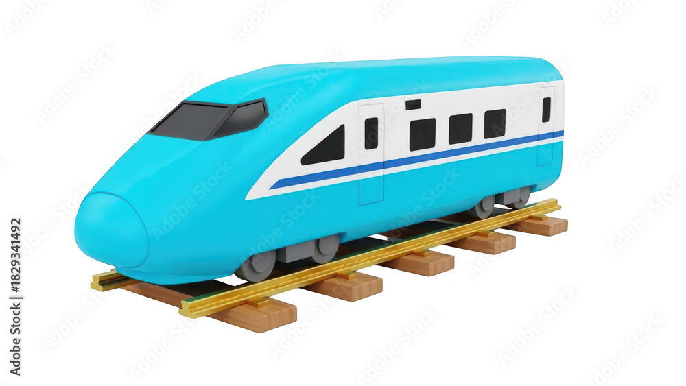 Fototapeta premium A cute, stylized, bright blue and white highspeed bullet train toy or model isolated on transparent background