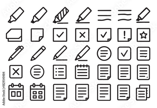 Productivity and Note Taking Outline Icon Set. Minimal Vector Symbols for UI, Education, and Office Use