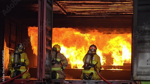 Firefighters battle intense flames during a rescue operation in an outdoor setting. Firefighters combat a large blaze during a training exercise in the evening glow