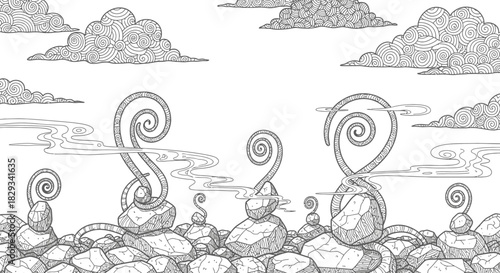 Abstract illustration of spiraled rocks emerging from calm waters under a cloudy sky