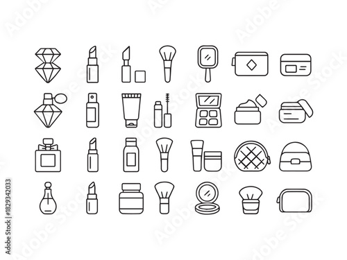 Cosmetics, Makeup, and Fragrance Line Icons Set - Lipstick, Brush, Perfume Bottle, and Beauty Accessories Vector