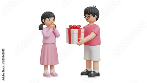 Cute 3d cartoon boy giving a wrapped gift box with red ribbon to a surprised girl isolated on transparent background
