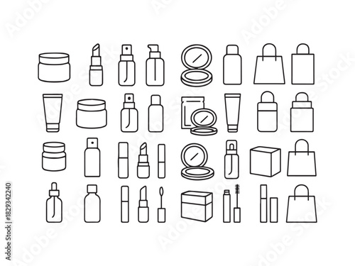 Cosmetics, Makeup, and Packaging Line Icons Set - Lipstick, Mascara, Cream Jar, and Beauty Shopping Vector