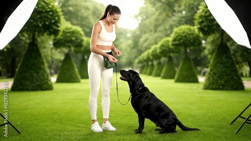 Fit Woman in White Athletic Wear Training Black Labrador Dog with Treat in Lush Green Park with Conifer Trees and