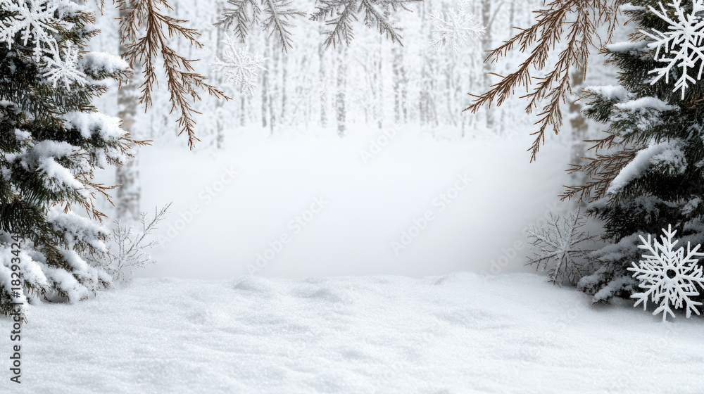Fototapeta premium Snowy forest foreground with frosted evergreen branches and delicate snowflake accents