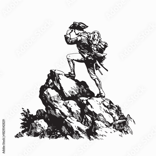 Cowboy walking over rocky obstacles vector illustration on white background