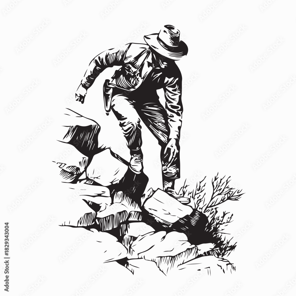 Fototapeta premium Cowboy walking over rocky obstacles vector illustration on white background