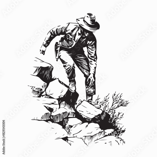 Cowboy walking over rocky obstacles vector illustration on white background