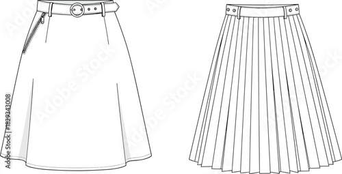 Belted A-line skirt and pleated skirt illustration, detailed fashion template, front and back garment sketch for apparel design artwork