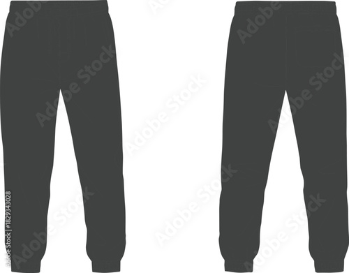Black men jogger pants front and back view fashion flat sketch, casual sportswear trousers template, vector apparel design