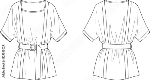 Belted tunic top illustration, front and back fashion template, detailed garment sketch for apparel design, stylish women’s clothing artwork