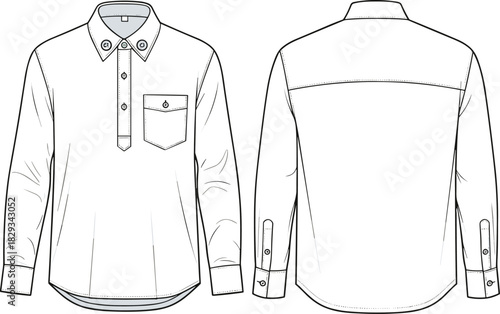 Classic button down men shirt vector, long sleeve casual wear design, front pocket detailed fashion flat template illustration