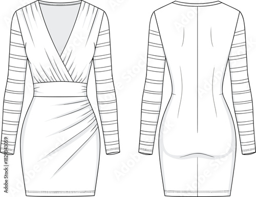 Elegant long sleeve v neck bodycon mini dress vector, ruched fitted women fashion flat template design illustration