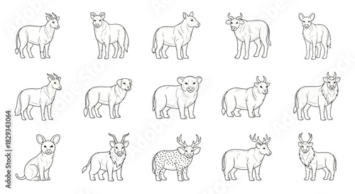 Black and white outline illustration of various animals in a seamless pattern design