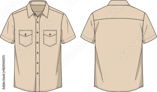 Classic short-sleeve button-up shirt illustration, front and back technical drawing, casual menswear design, detailed garment template artwork