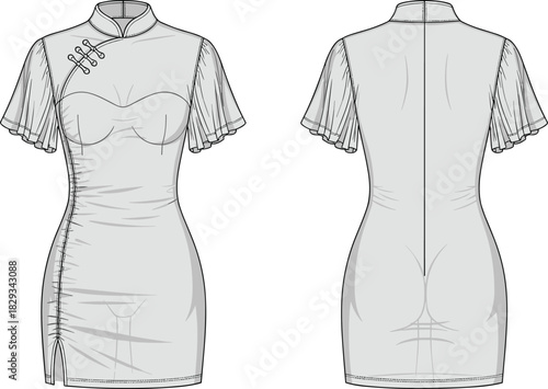 Elegant modern qipao dress vector template with mandarin collar, short flutter sleeves, bodycon silhouette and side slit design