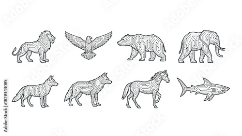 Animal kingdom transformed: Circuit board patterns representing wildlife power icons