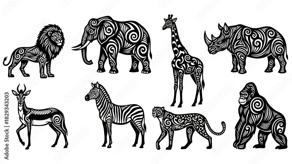 Fototapeta premium African wildlife animal illustration black and white vector set adorned with intricate patterns