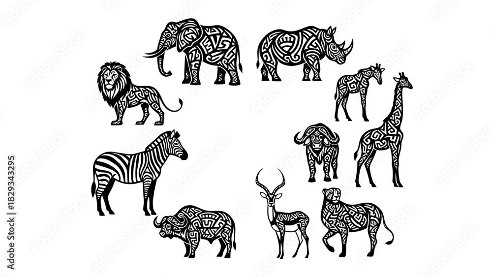 Fototapeta premium Elegant tribal african animals illustration set showcases wildlife artistry and design finesse