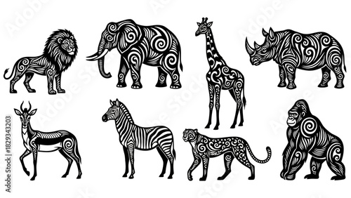 African wildlife animal illustration black and white vector set adorned with intricate patterns