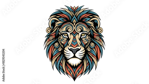 Detailed Colorful Lion Head Vector Illustration with Intricate Design Elements and Elegant Swirls
