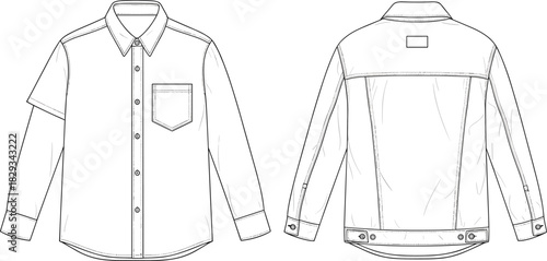 Long sleeve shirt front and back view technical drawing, button up fashion flat sketch with chest pocket design