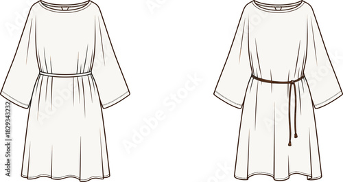 Loose sleeve tunic dress with waist belt flat sketch, minimalist women fashion design template, casual outfit illustration