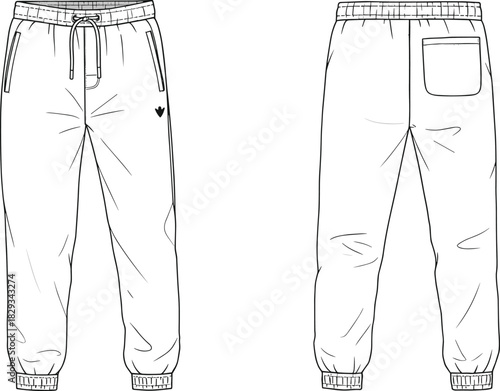 Men jogger pants fashion flat sketch front and back view, modern casual trousers design template, apparel illustration