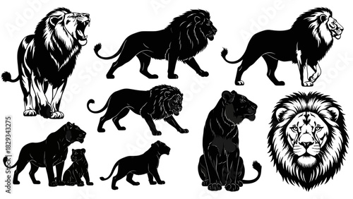 Powerful silhouette illustrations of lions in different poses showcasing wild beauty