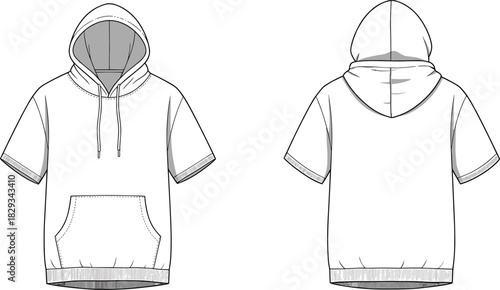 Short sleeve hoodie front and back flat sketch, casual unisex hooded sweatshirt design template, vector fashion illustration