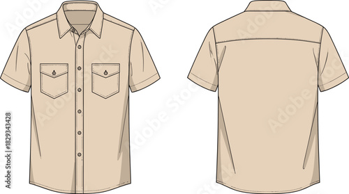 Short-sleeve button-up shirt illustration, detailed front and back technical drawing, classic menswear design, apparel template, garment fashion sketch