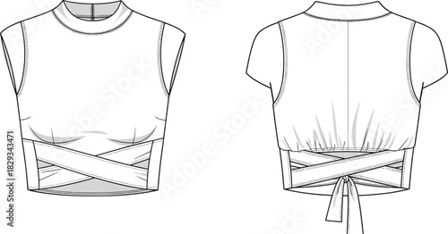 Trendy sleeveless crop top vector with high neck, wrap tie waist design, modern women fashion flat template illustration