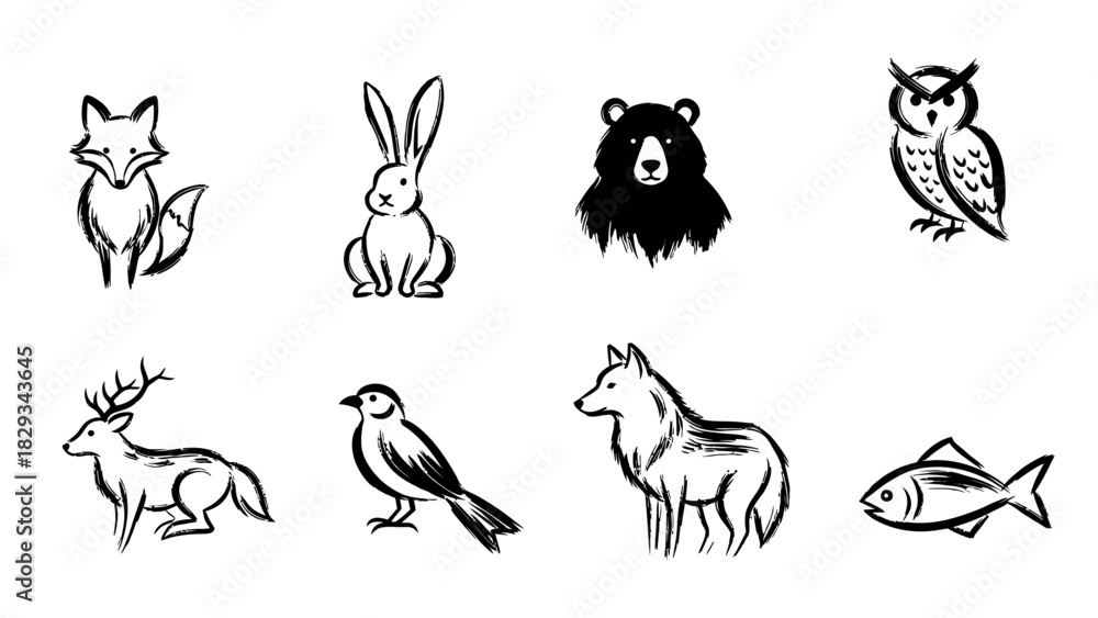 Naklejka premium Elegant ink sketches showcasing diverse wildlife a fox rabbit bear owl deer bird wolf and fish