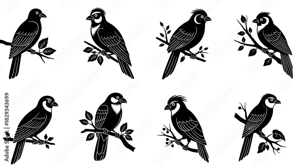 Fototapeta premium Collection of elegant black and white bird illustrations perched on branches featuring minimalist
