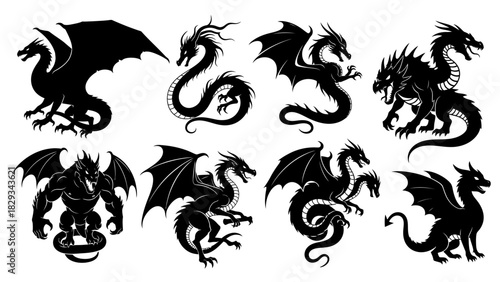 Diverse dragon silhouettes collection showcasing various poses and forms in black and white