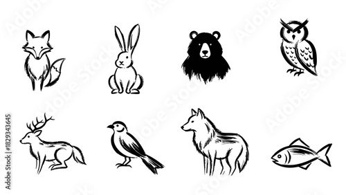 Elegant ink sketches showcasing diverse wildlife a fox rabbit bear owl deer bird wolf and fish