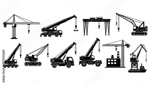 Illustration displaying a variety of cranes used in construction and industry representing