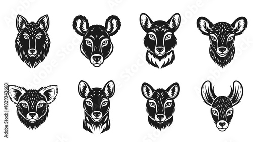 Monochrome animal head illustrations featuring a wolf and diverse deer species line art