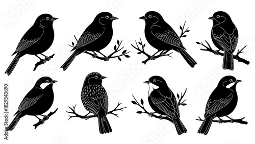 Elegant black and white vector illustration of various birds perching on branches providing a