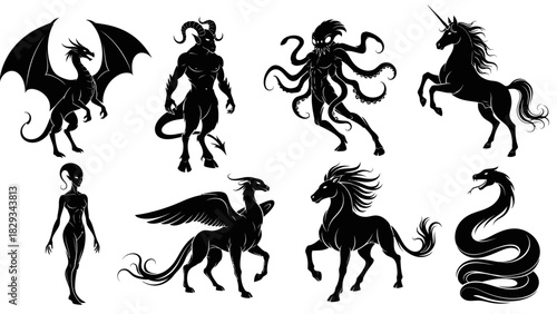 Silhouetted mythical creatures vector illustration set: dragons, demons, unicorns and more
