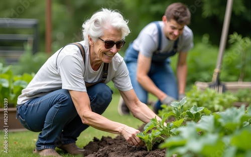 Wallpaper Mural Senior Caucasian woman tending garden bed while middle aged Caucasian man and teenage boy gathering vegetables in background, outdoor community garden setting, gardening tools visible. High quality Torontodigital.ca