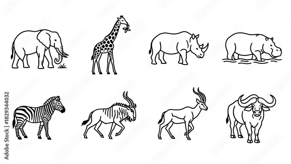 Fototapeta premium Diverse African wildlife animals in a minimalistic line drawing style showing their unique