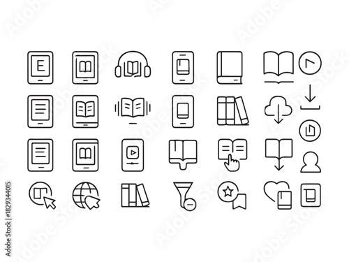 E-Book, Audiobook, and Digital Reading Line Icons Set - E-Learning, Download, and Online Library Vector