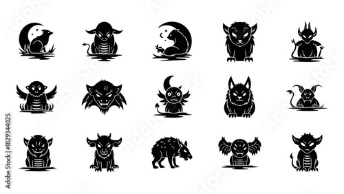 Collection of stylized silhouette designs of mythical creatures for digital and graphic design