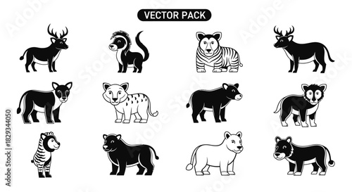 Cartoon Animal Vector Pack Featuring Deer Skunk Tiger Lion Panther Zebra Illustrations