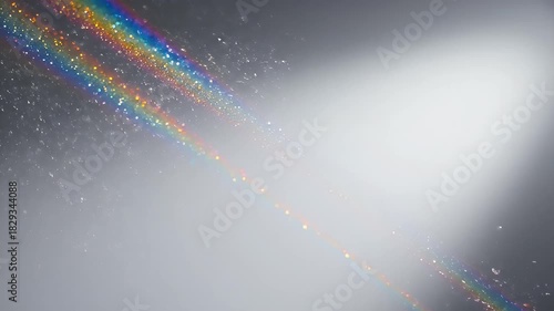 Abstract Rainbow Light Streaks with Glittering Particles and Soft Spotlight on Gray Background